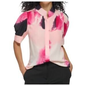 DKNY Pink Black Mock Neck Puffed Short Sleeve Blouse Top XLARGE Career Office
